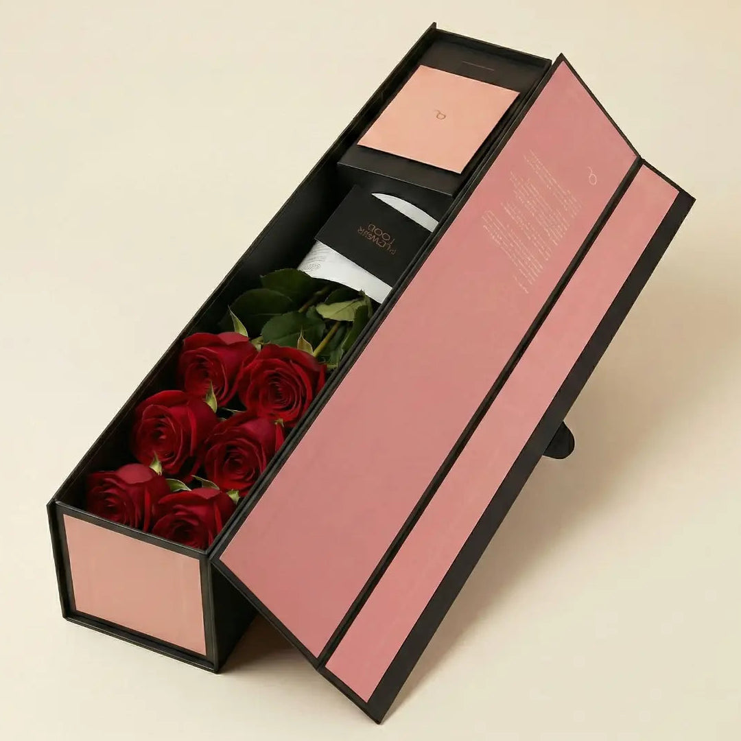 Flute Box Rosas Vermelhas aberta a mostrar as rosas