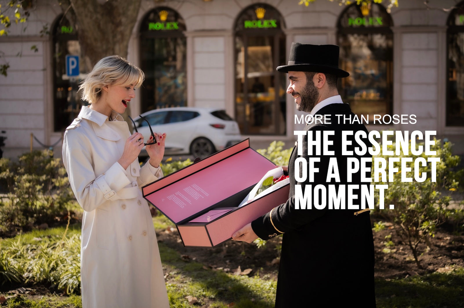 Woman receiving a luxury rose box – premium flower delivery in Lisbon, Portugal